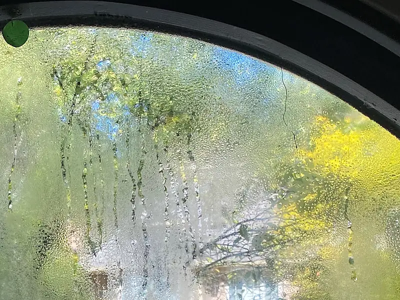 Close-up of fog, water droplets and run streaks trapped between the panes of an arched double-pane window with a failed seal