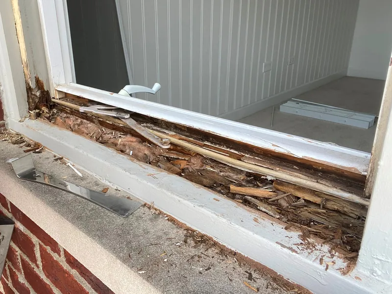 Rotted sill and frame wood opened up before repair