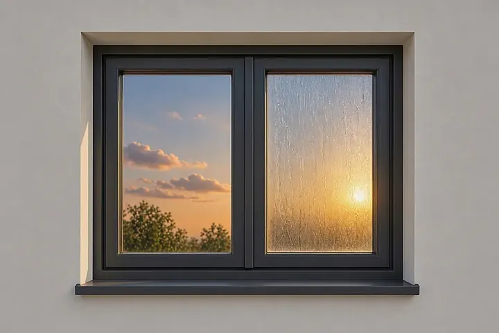 Double-pane window with one clear pane and one pane clouded by fog trapped between the glass