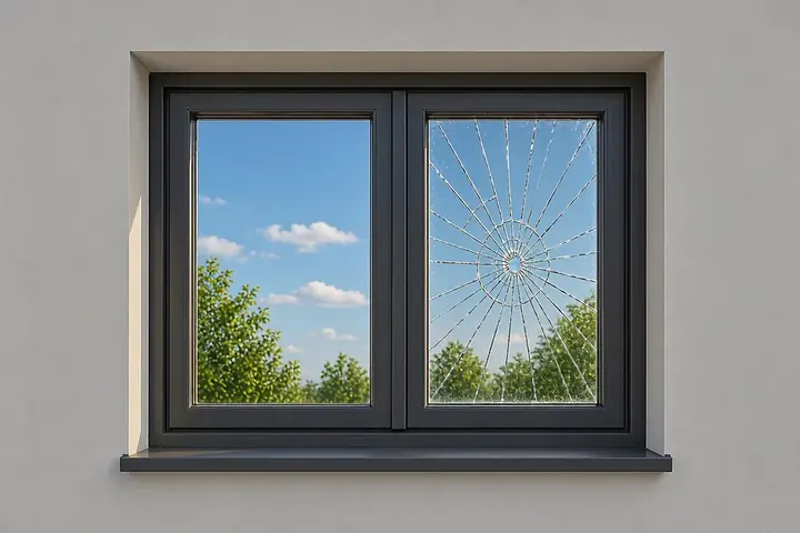 Window with one pane cracked in a spider-web pattern from an impact point