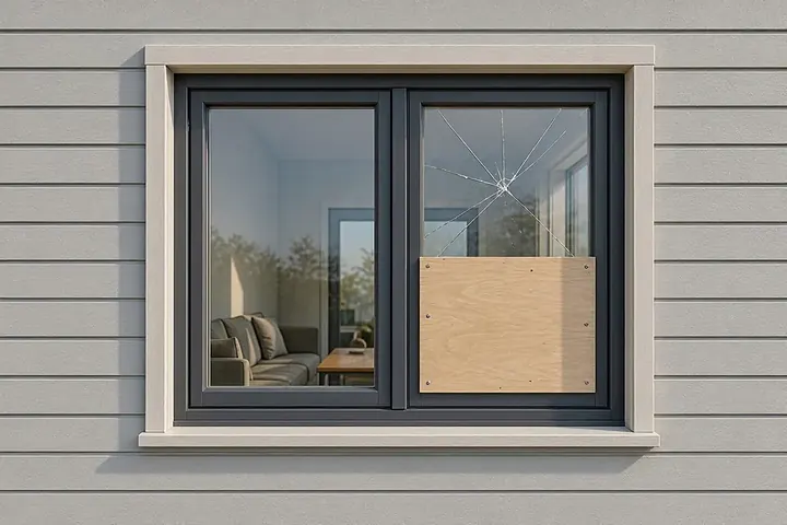Broken window pane secured with a neatly screwed plywood board