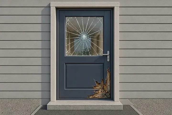 Entry door with cracked glass in its insert and rot at the bottom corner