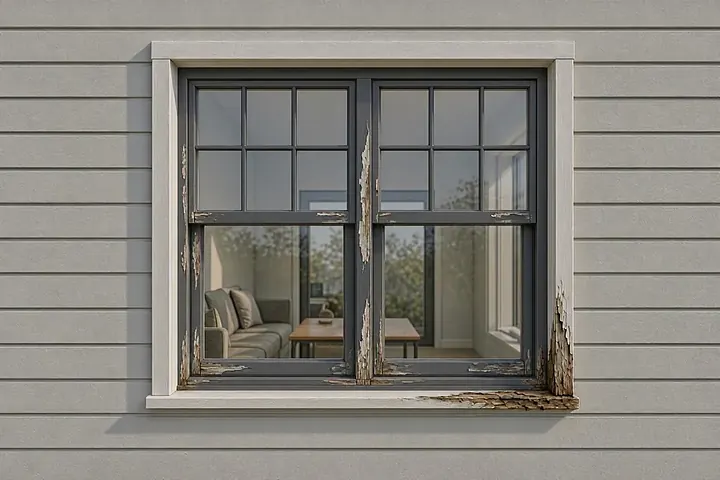 Wood window with dark rotted spots on the frame and sill