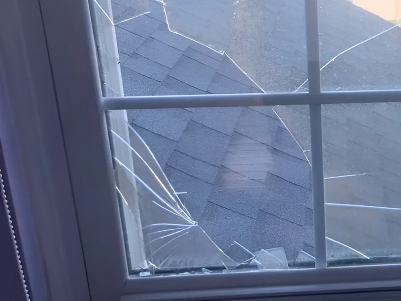 Cracked and broken window pane with glass shards along the bottom of the frame