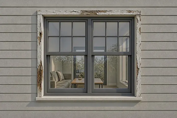 Window frame with dark rot stains along its side