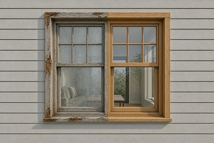 Old wood divided-lite window shown half weathered and half restored