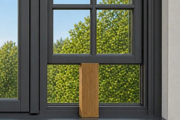Window sash propped open with a wooden block because it will not stay up