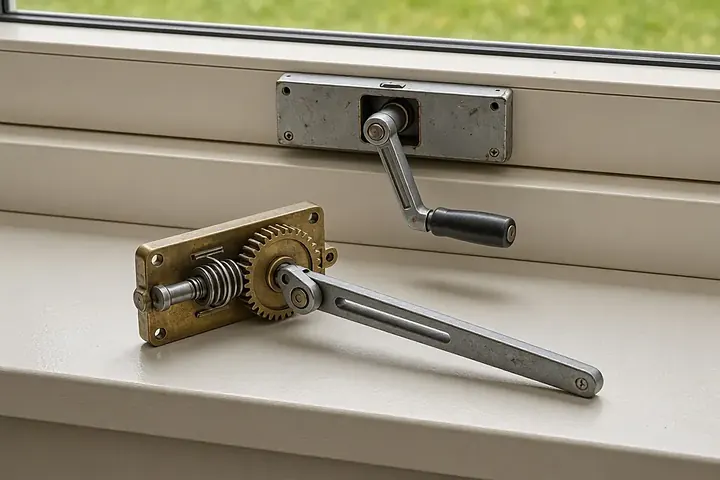 Worn casement window crank operator lying on the windowsill
