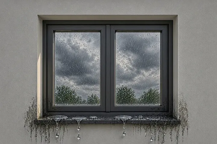 Window on a rainy day with water dripping over the sill