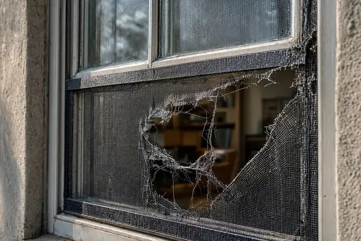 Window insect screen with a large tear in the mesh