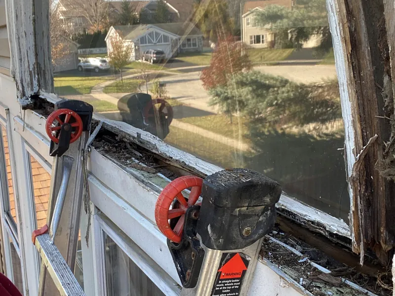 Rotted window frame and sash wood on an upper-floor window